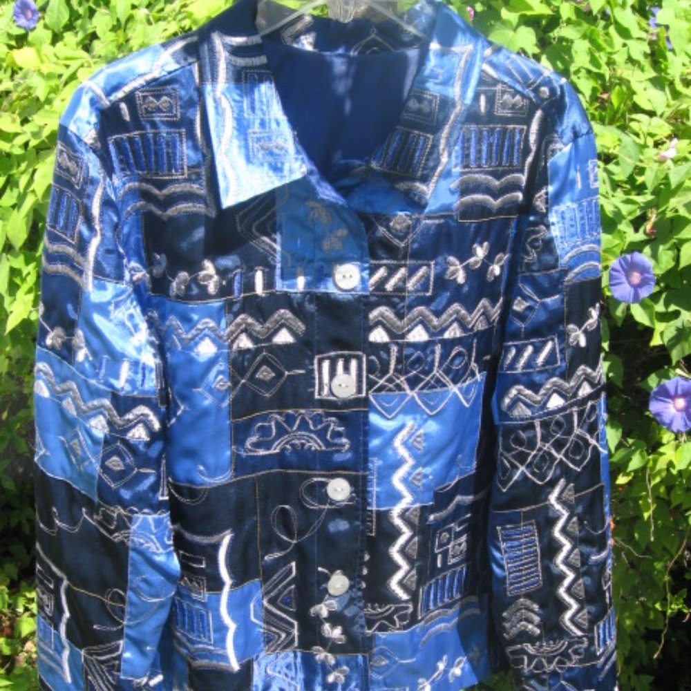 Blue Patchwork Embroidered Lightweight Jacket - image 3